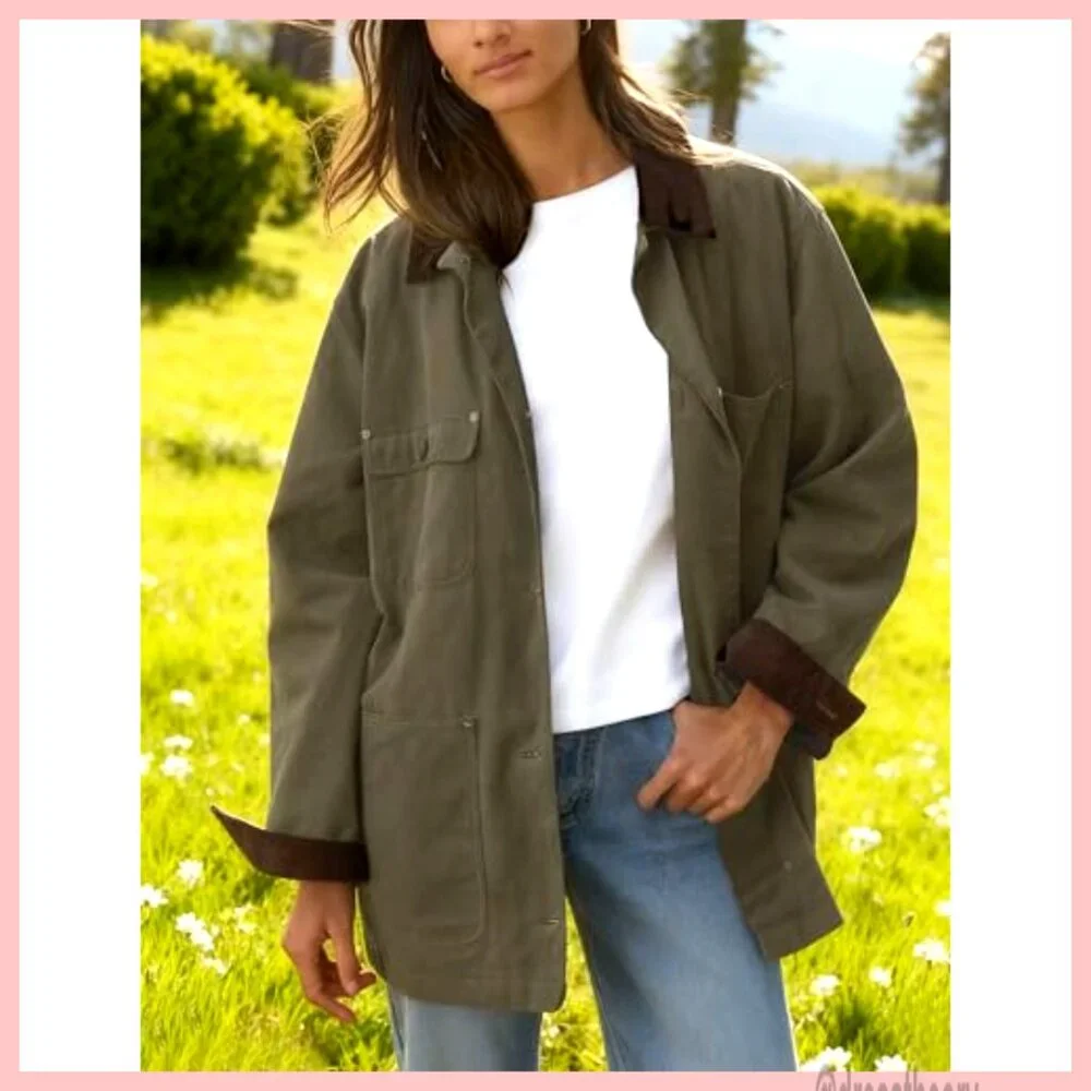 Oversized Cotton Barn Jacket with Corduroy Collar, Utility Pockets, Vintage - Picture 4 of 7